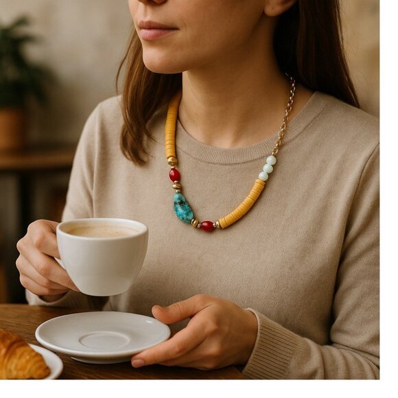 Yellow/Red/turquoise  beaded choker - Picture 3 of 8